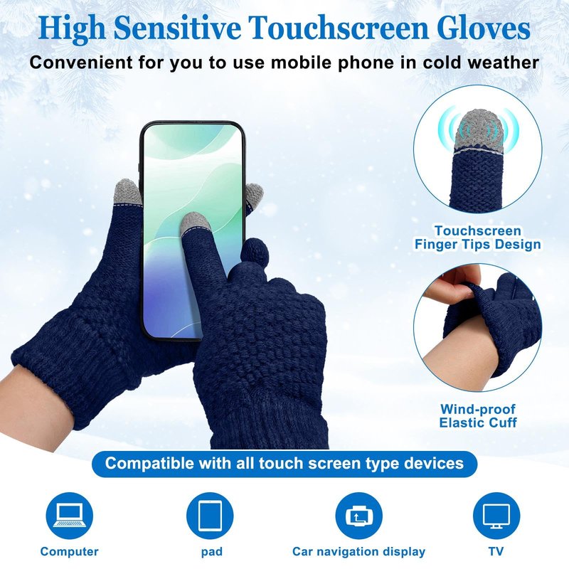 Syhood 6 Pieces Men Beanie Winter Hat Gloves Set, Winter Knitted Hats Thick Warm Knitted Skull Cap Touchscreen Gloves Unisex(Black,Navy Blue,Dark Gray)