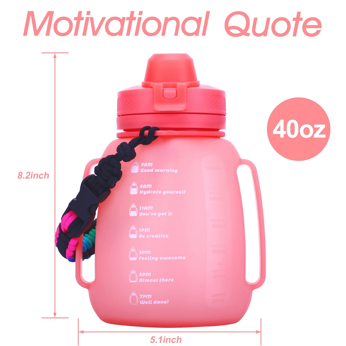 TakeToday 40 OZ Gallon Motivational Collapsible Water Bottles with Straw and Paracord Handle 1.2L Silicone Sports Water Bottle with Time Marker for Yoga Camping Outdoors