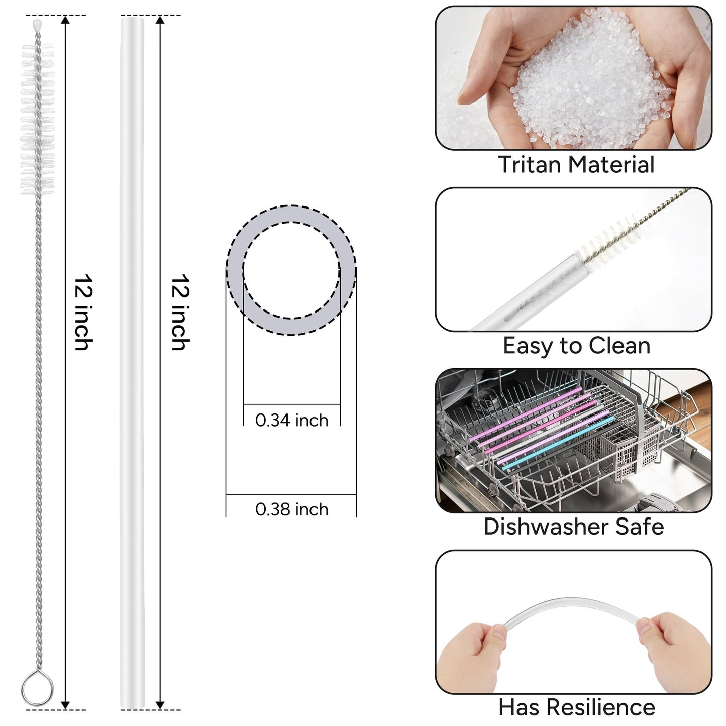 Replacement Straw Compatible with 40 oz Stanley Quencher Tumbler, 12 Inch Extra Long Reusable Plastic Straws for 40 Oz Cup, White-6 Pack