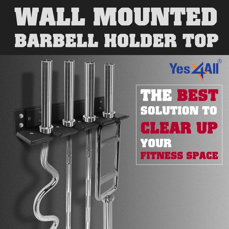 Yes4All Vertical Wall Mounted Olympic Barbell Holder, Barbell Storage Rack, Hanging Barbell Rack for Home Fitness Equipment - 4 bars