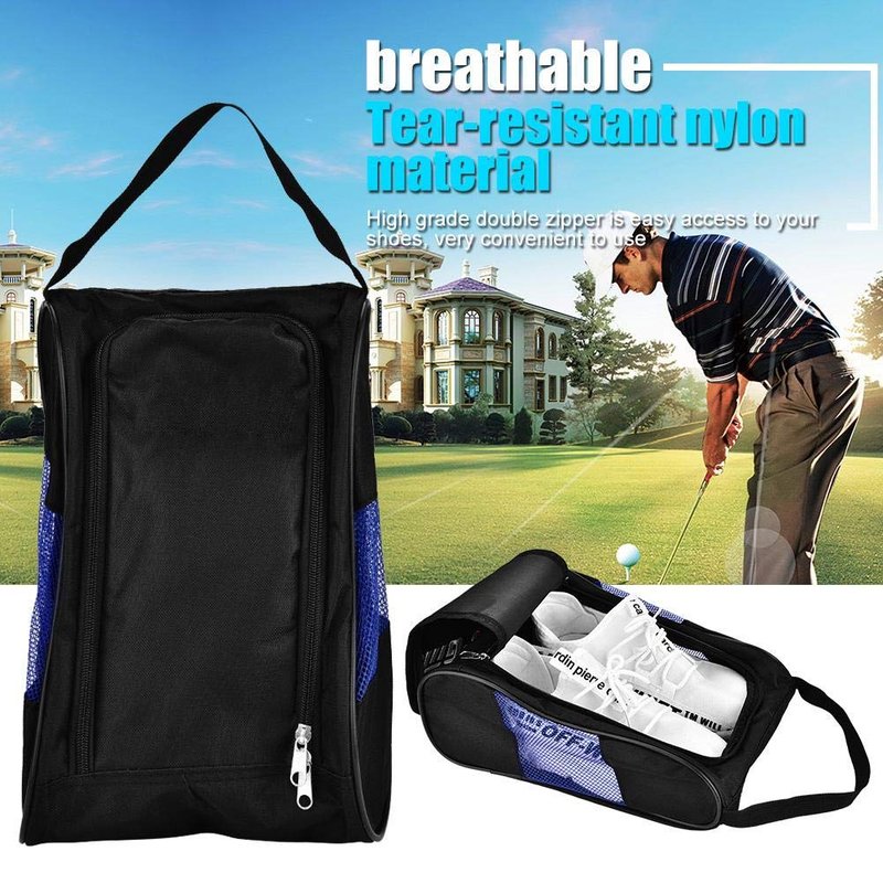Portable Golf Shoes Bag Breathable Storage Organiser Zippered Shoe Bag with Pocket for Storing Sports Accessories Unisex(Black and Blue)