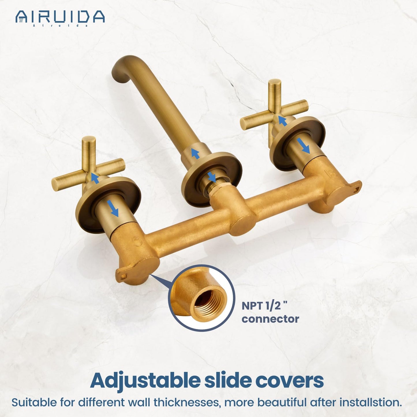 Airuida Solid Brass Widespread Wall Mount Bathroom Faucet with 360 Swivel Spout Wall Mounted Lavatory Faucet Vanity Sink Mixer Tap with Rough in Valve and Double Cross Handles Antique Brass