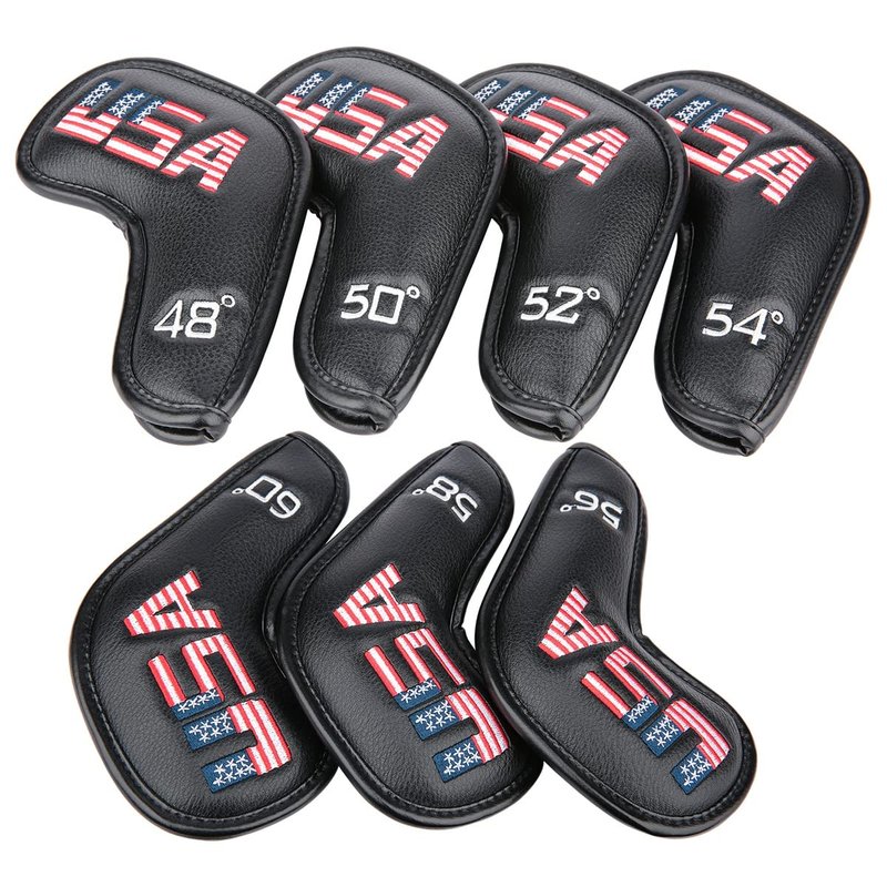 Golf Builder 7pcs/Set Black Leather USA Golf Club Wedge Head Covers fit R/H 48,50,52,54,56,58,60