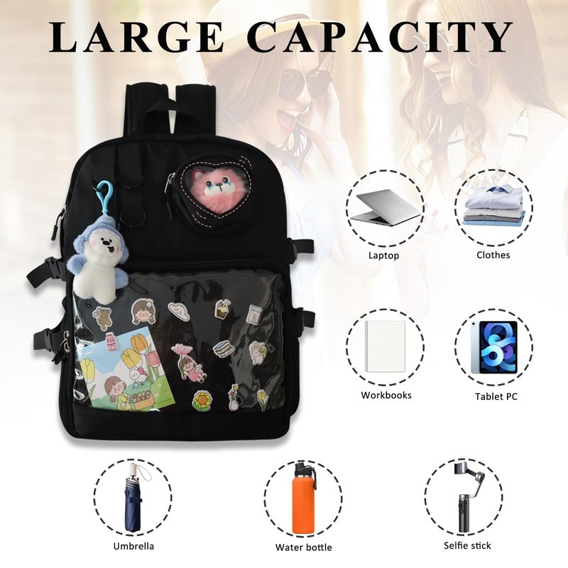 MOVOYEE Backpack for Men Travel Women Work Hiking Casual Daypack Backpacks Teens Girls Boys Kids BookBag,Anti Theft Carry On Clear Backpack,Cute Ita Bag with Pin Display Adjustable Strap Black