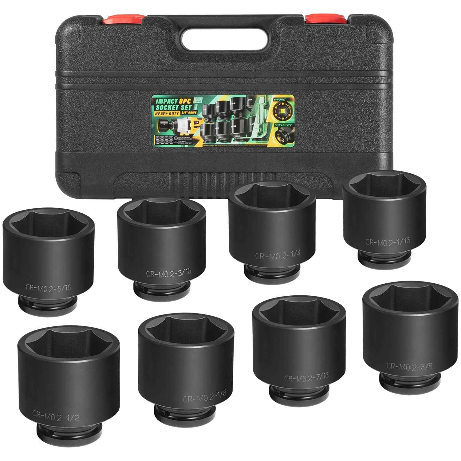 3/4" Drive Spindle Axle Nut Impact Socket Set, 6 Point Large Socket Set, CR-MO, 2-1/16" to 2-1/2", Heavy Duty Impact Socket Set Use In Removing And Installing Axle Nuts