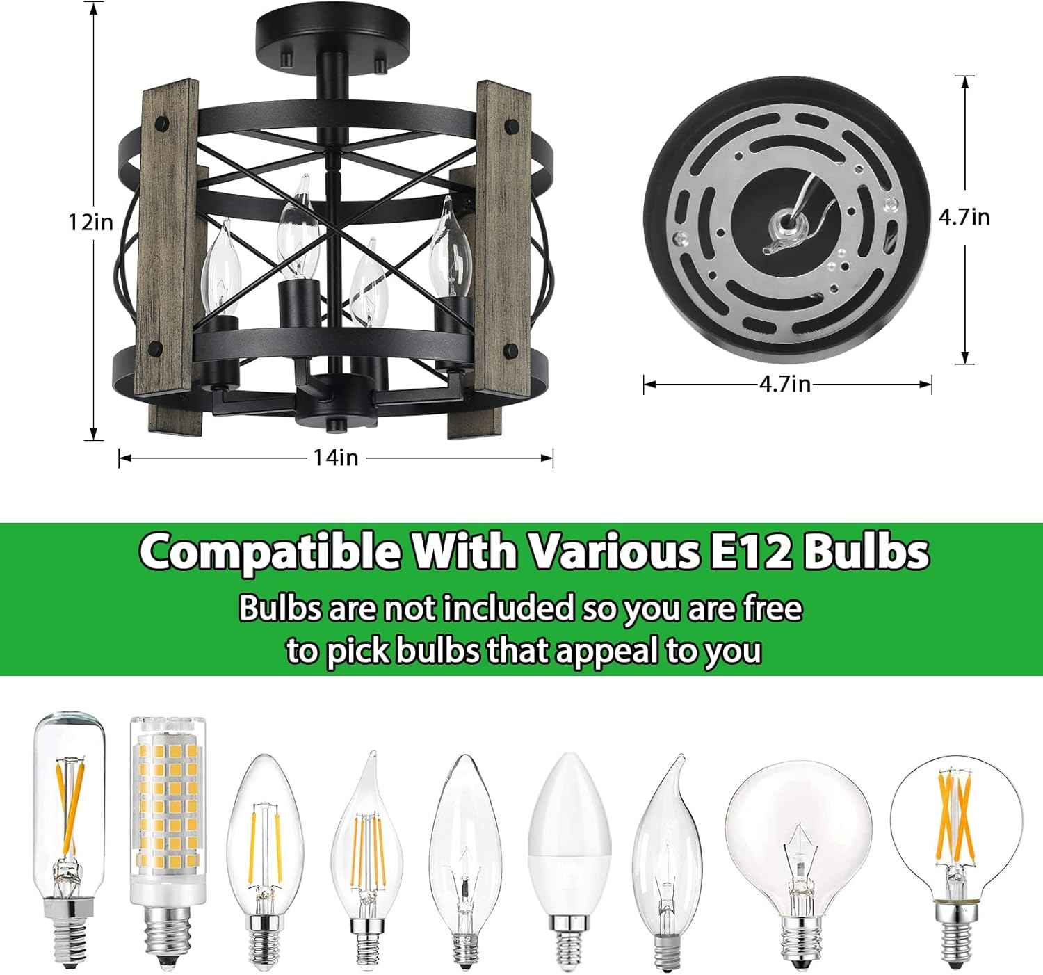 4-Light Rustic Farmhouse Semi Flush Mount Ceiling Light Fixture - Black Industrial Design for Kitchen, Dining Room, and Hallway