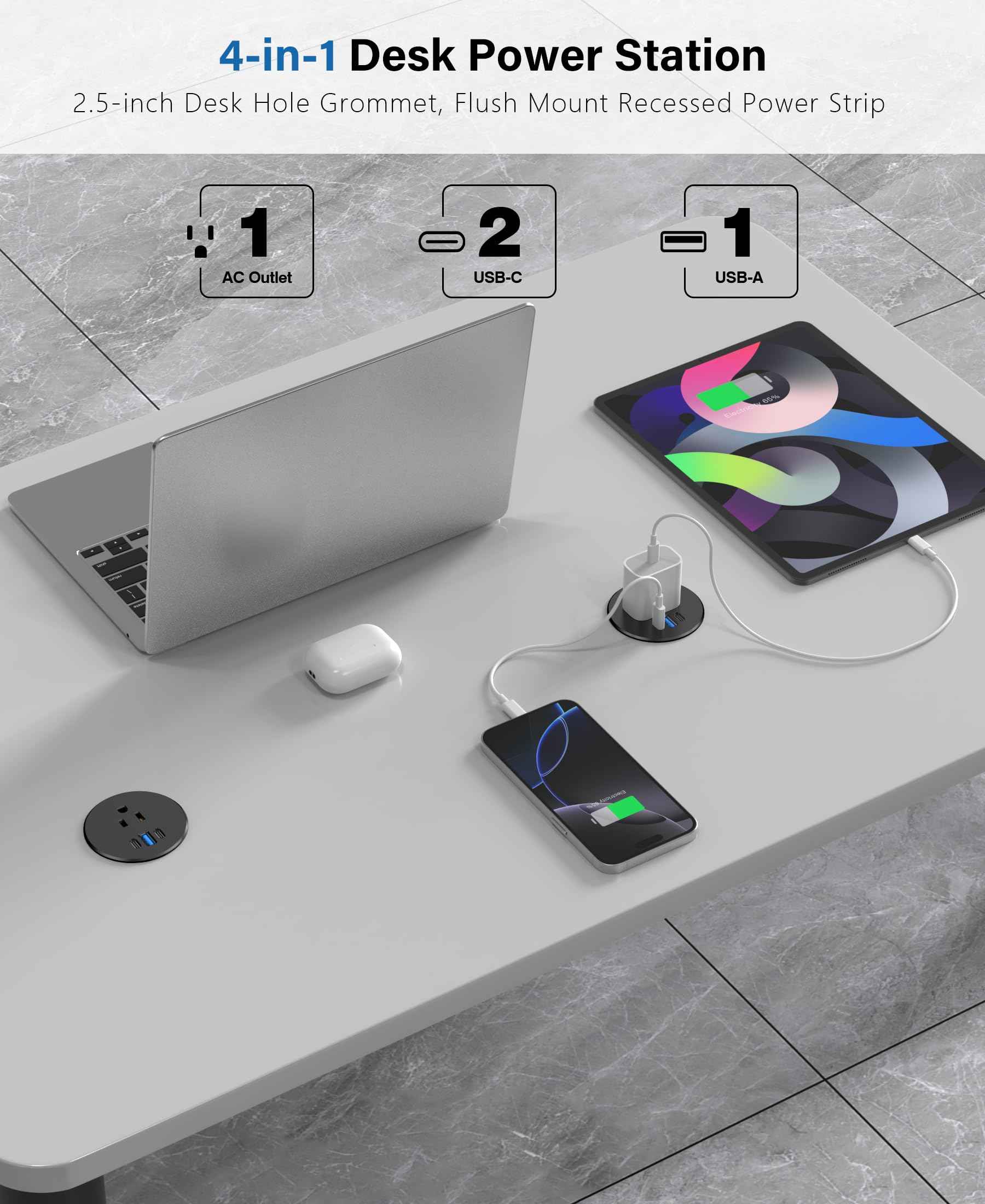 2.5 inch Power Grommet,20W USB-C Charging,1 Outlet with 2 USB C,1 USB Port,Furniture Flush Mount for Desktop,Recessed Power Strip,Workspace Essential Desk Outlet (Black, 6 FT)