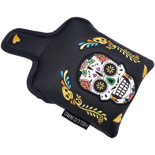 Gbourly Square Black Golf Club Colorful Skull Skeleton Mallet Putter Head Cover Magnetic Closure Heel Shafted Satin Pattern PU Leather Headcover