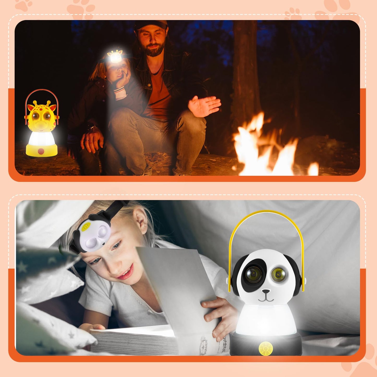 VIHOSE 2 Set Kids LED Camping Lantern and Headlamp 4 Pcs Animal Themed Camping Equipment Nightlight Battery Powered Night Light for Emergency Hurricane Lightweight Tent Lamp for Children(Dog, Giraffe)