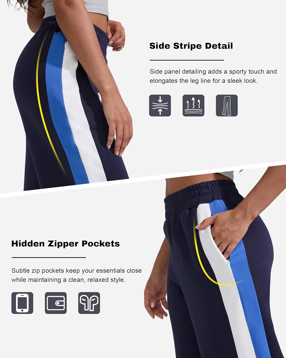 Skiennix Women's Wide Leg Sweatpants - High Waisted Baggy Fit with Pockets | Cotton Side Striped Design