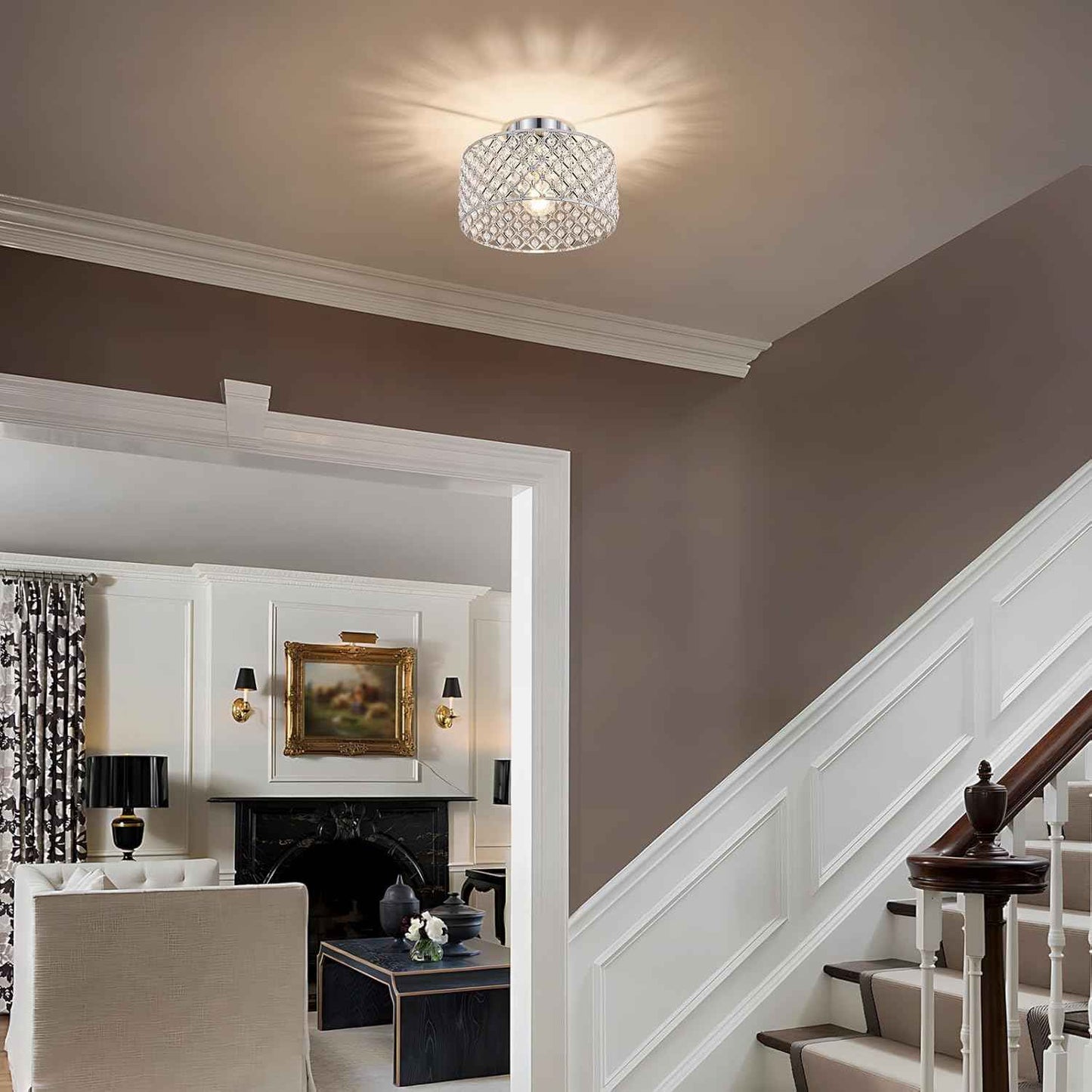 Modern Black Crystal Semi Flush Mount Ceiling Light Fixture - 11.2" Round Chandelier for Dining Room, Hallway, Kitchen & Bedroom