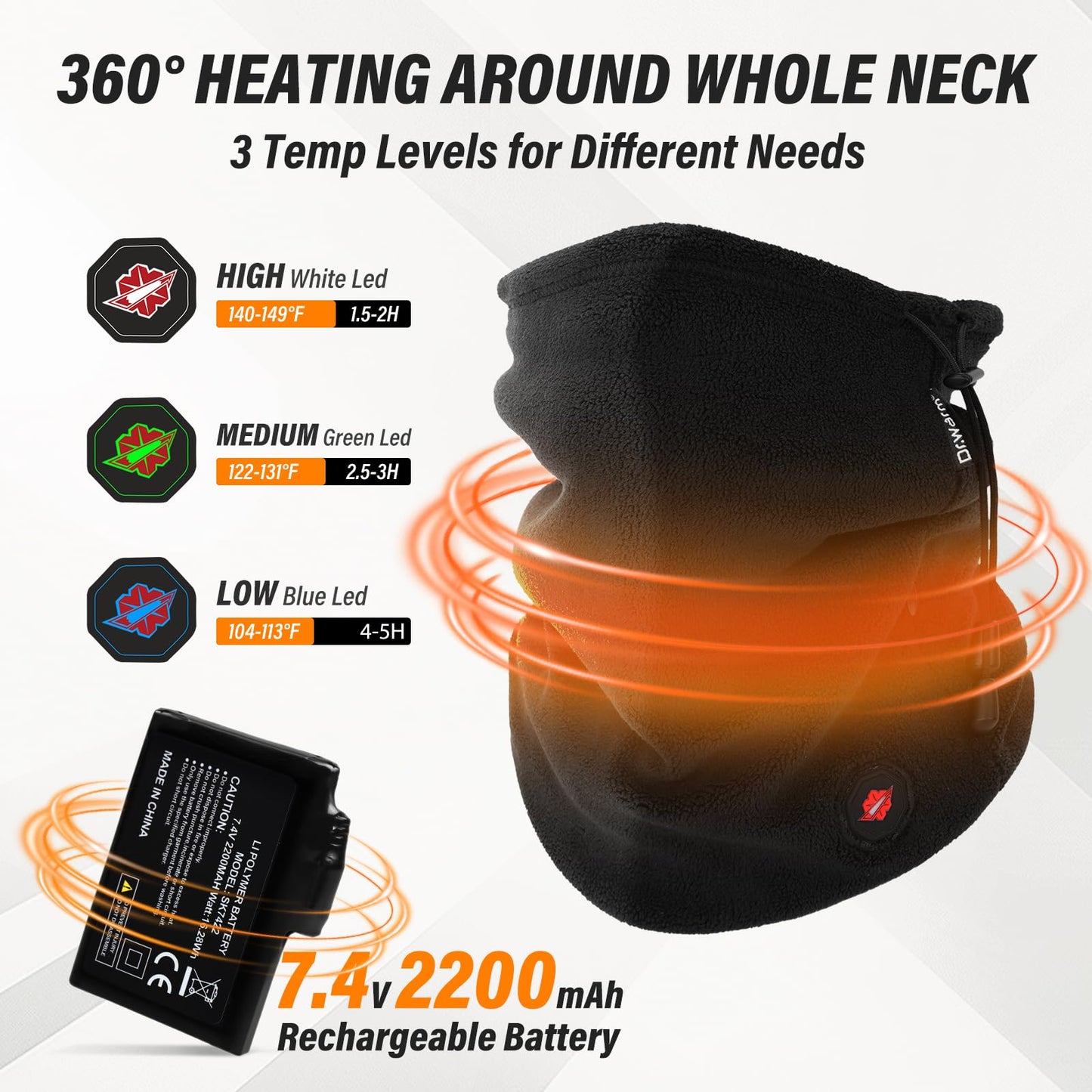 Dr.Warm Rechargeable Heated Neck Gaiter for Men & Women – Windproof Fleece Face Mask for Winter Sports, Running, Hiking, Cycling – Warm Battery-Powered Neck Warmer