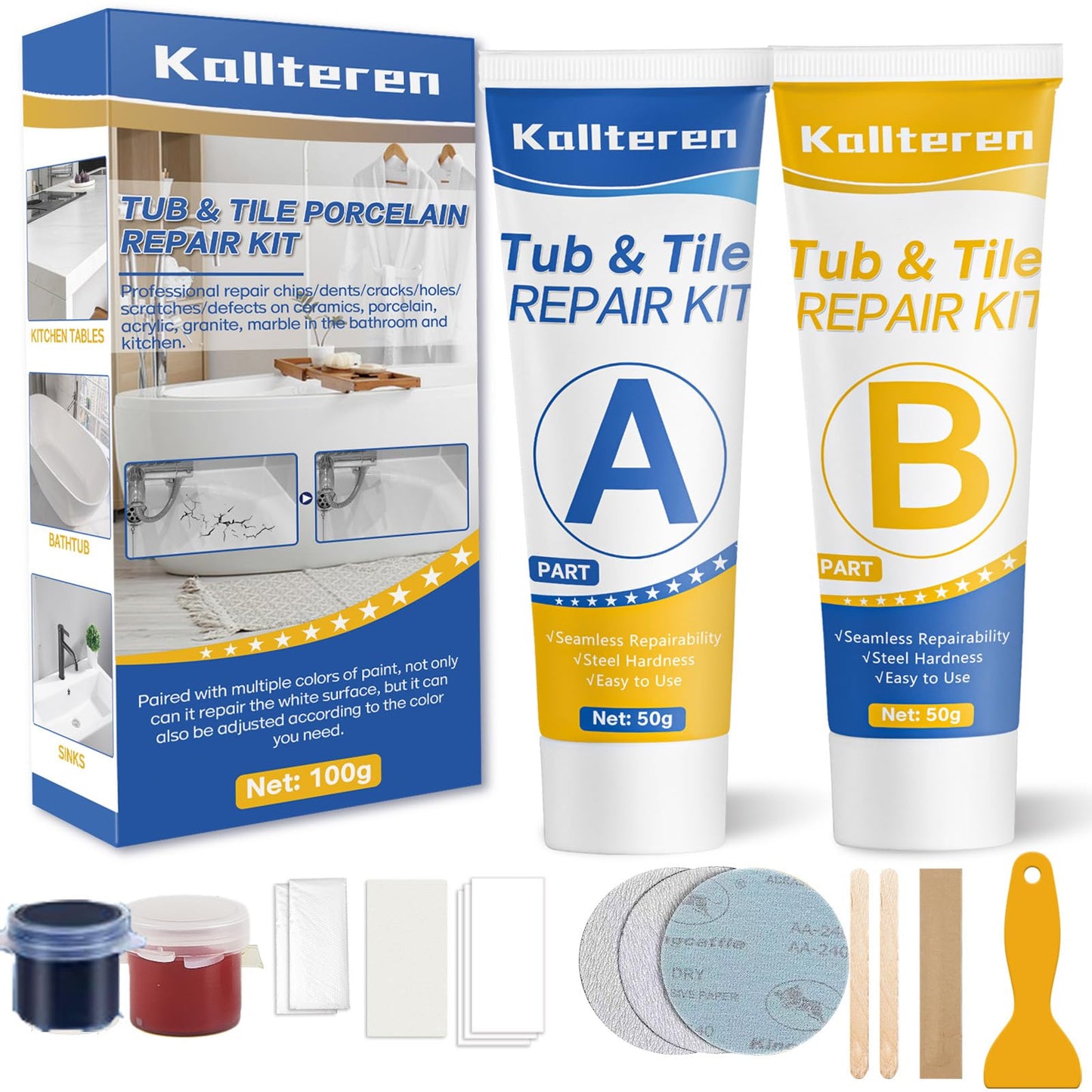 Porcelain Repair Kit, White Tile and Bathtub Fiberglass Repair Kit for Any Cracks Chips, Quickly Repair Resin, Ceramic, Marble Shower Sink, Acrylic Quartz Countertop