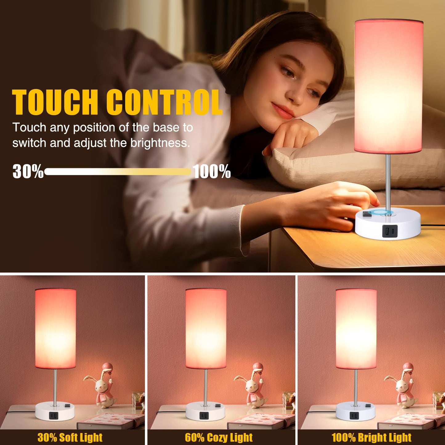 Gugsey Table Lamp with USB Port - Desk Lamp Touch Lamp Bedside Lamps for Bedroom, 3 Way Dimmable Small Lamps for Living Room, Nightstand, Nursery, Dorm, Home, Office, White Base+ Pink Lampshade