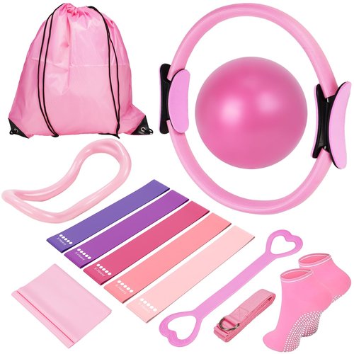 Home Pilates Essentials Kit for Women, Equipment Set with 9 Inch Yoga Ball,Figure 8 Resistance Band,Pilates Bands & Accessories, Ring and Ball Set for Beginners Home Workouts