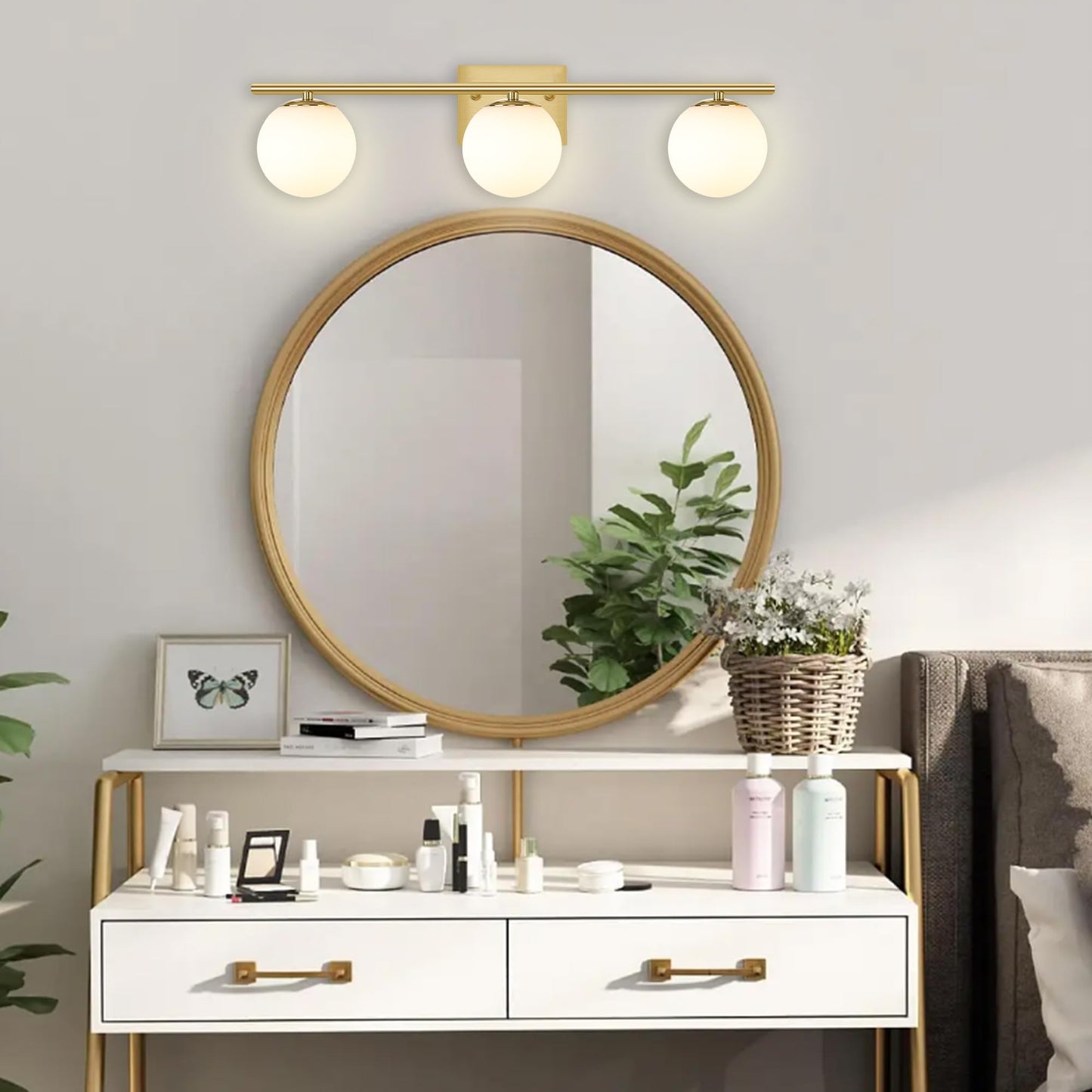 YHTlaeh New Bathroom Vanity Light 3 Lights Fixtures Brushed Brass Milk White Globe Glass Shade Modern Wall Bar Sconce Over Mirror (Exclude G9 Bulb)