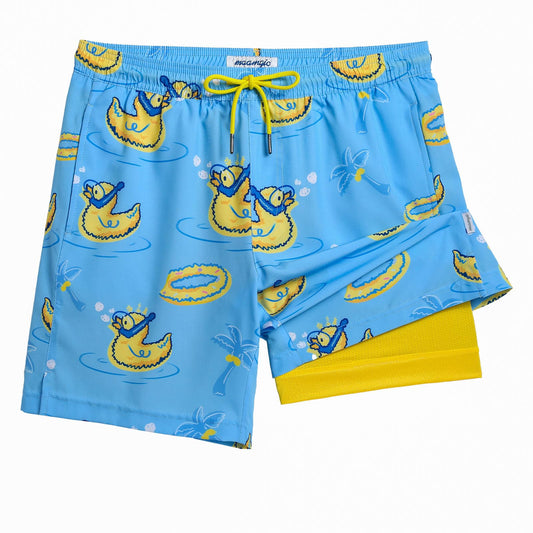 maamgic Mens Swim Trunks with Compression Liner 7 Inch Inseam Mens Bathing Suit Quick Dry Swimming Trunks Swimsuit Swimming Duck Blue and Yellow X-Large