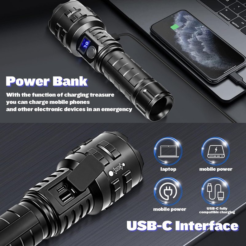HMFREE Flashlights High Lumens Rechargeable, 1000000 High Lumens Super Bright Handheld LED Flash Light, Powerful Emergency Linternas, Waterproof, Long Lasting, for Hiking Camping Gift