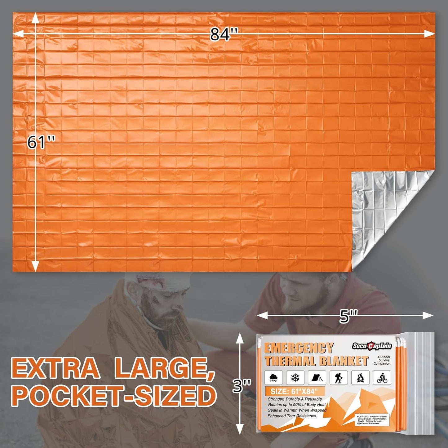 SecuCaptain Thermal Emergency Blankets - Thick 28um Mylar Kit for Cold Weather Camping | 4 Pack - Orange