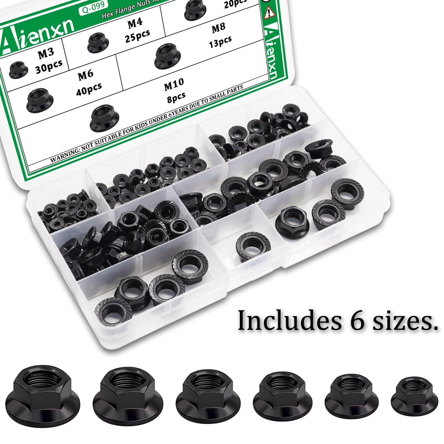 Aienxn 136PCS 6 Metric Sizes Black Carbon Steel Hex Flange Nuts Assortment Kit -M3, M4, M5, M6, M8, M10