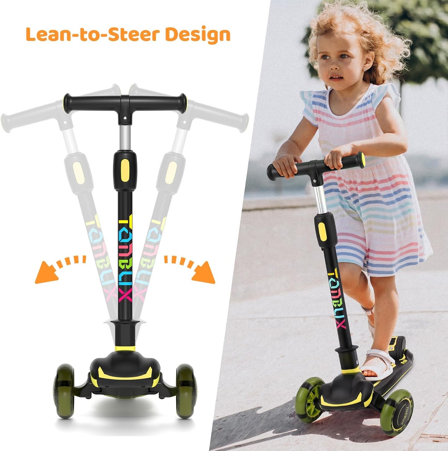 TONBUX Kids Scooter - Light-Up 3-Wheel Kick Scooter for Ages 3-12 | Adjustable Height & Anti-Slip Deck