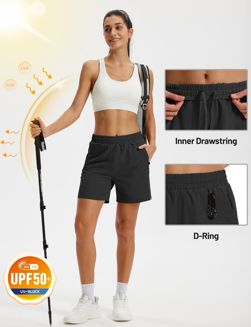 TACVASEN Athletic Shorts for Women Quick Dry Lightweight 5" Hiking Shorts with Pockets Golf Casual Workout UPF 50+ Water Resistant Summer Black M