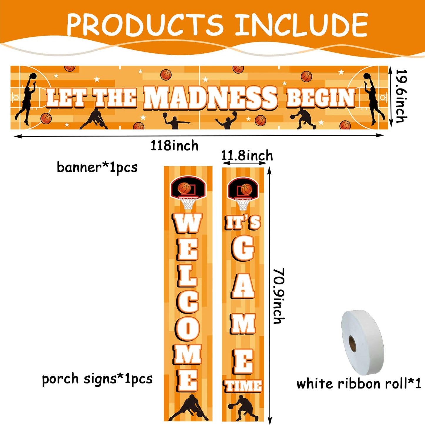 Basketball Party Decorations,3Pcs Let The Madness Begin Fence Cover Hanging Welcome It's Game Time Porch Sign for March Madness Basketball Theme Party Supplies Indoor Outdoor.