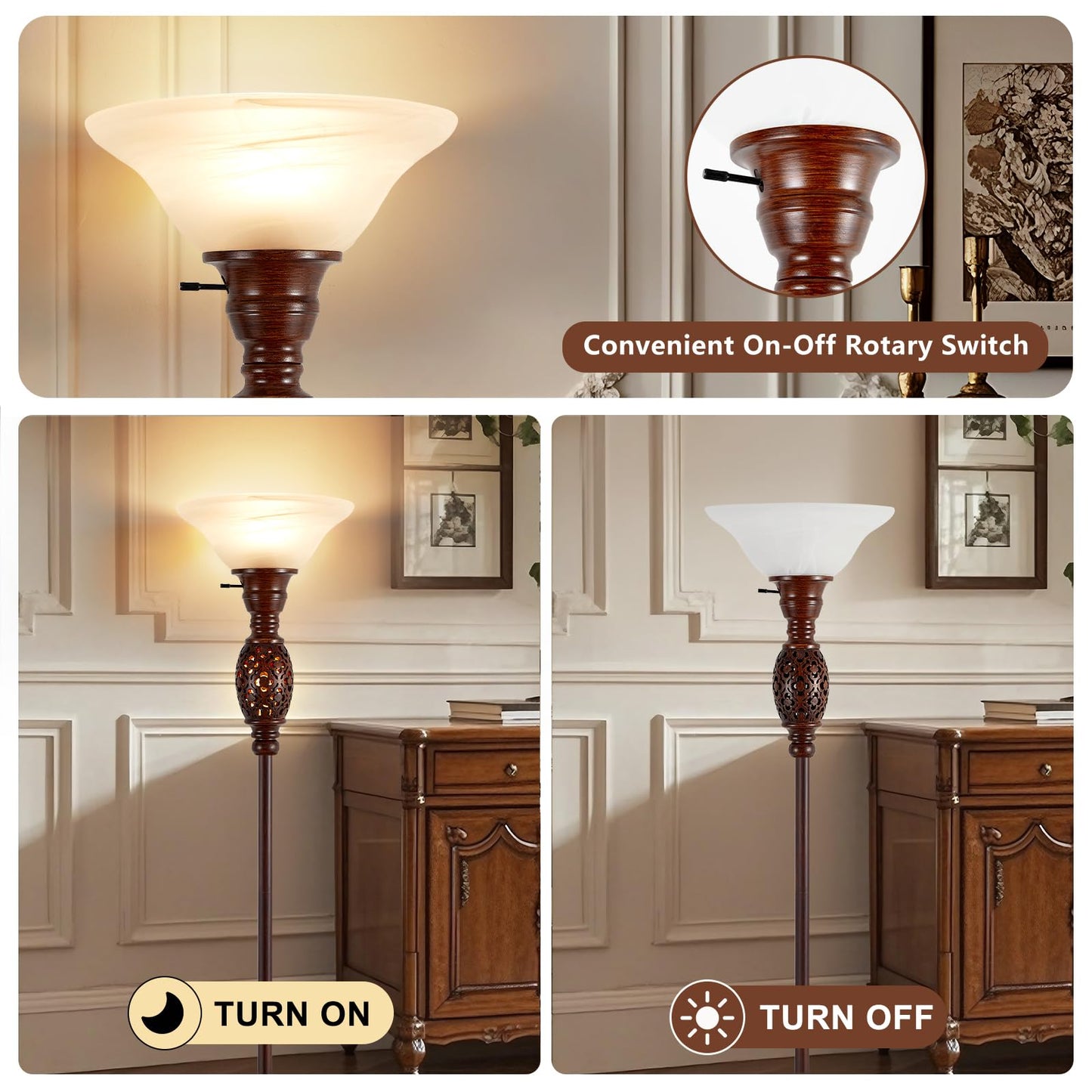 70" Torchiere Floor Lamp with NightLight - Victorian Style Standing Lamp for Living Room, Bedroom, Office - Retro Floor Lamps with Rotary Switch & Etched Glass Shade, Home Decor, Bulb Included