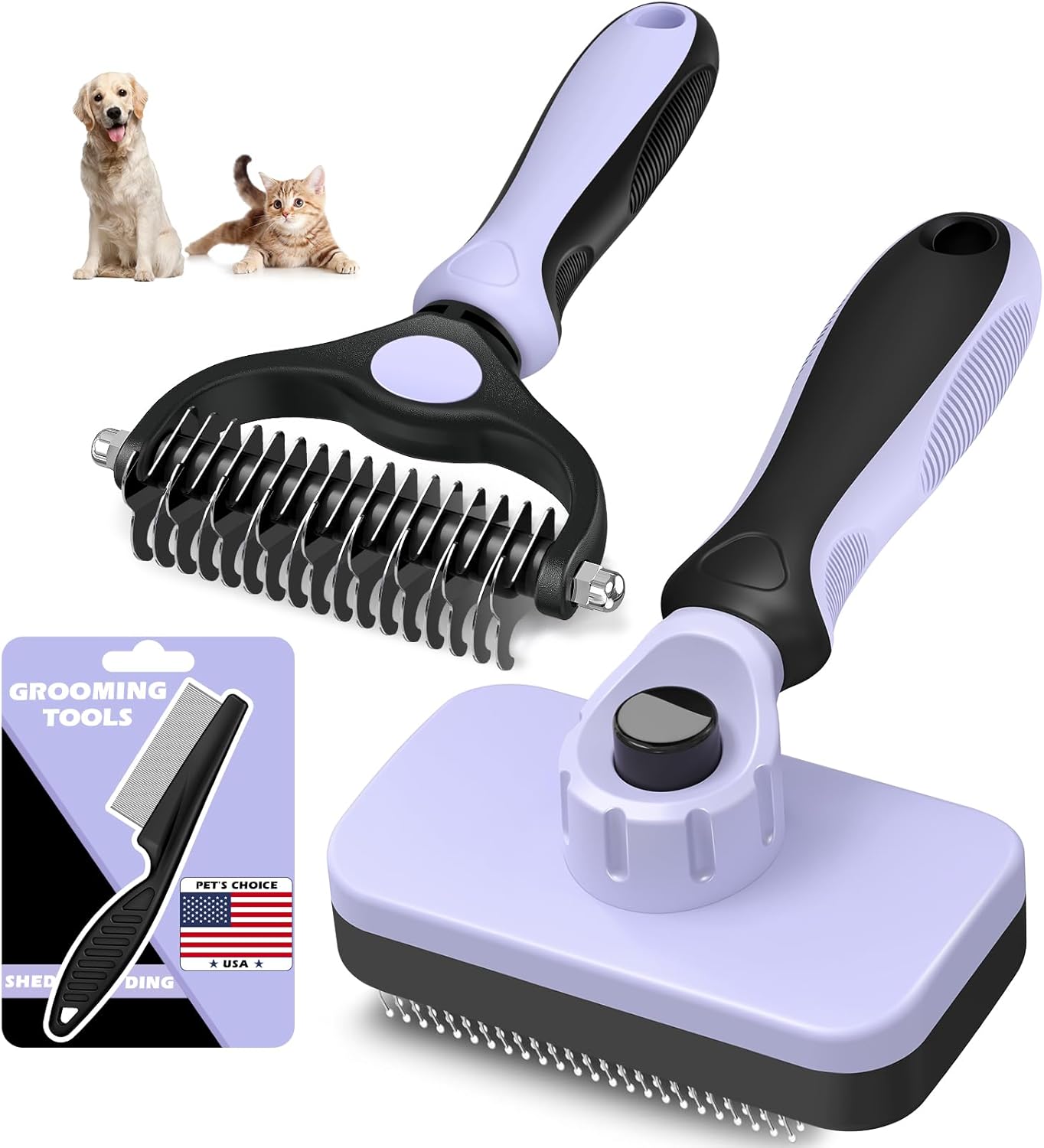 Skiennix 3PCS Self-Cleaning Slicker Brush Set - Pet Grooming Rake & Flea Comb for Dogs, Cats & Horses | Light Purple