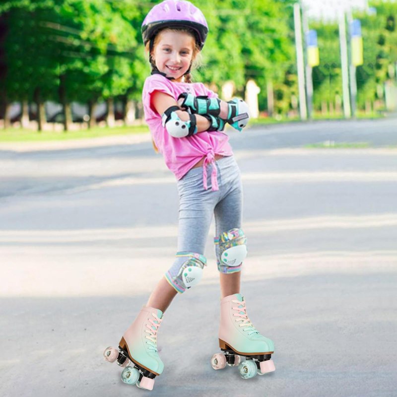 jessie Roller Skates for Girl and Women, PU Leather Fantastic Flash Wheel Kid Roller Skates Girls Ages 6-12 Beginner for Indoor Outdoor (Green Pink 35)