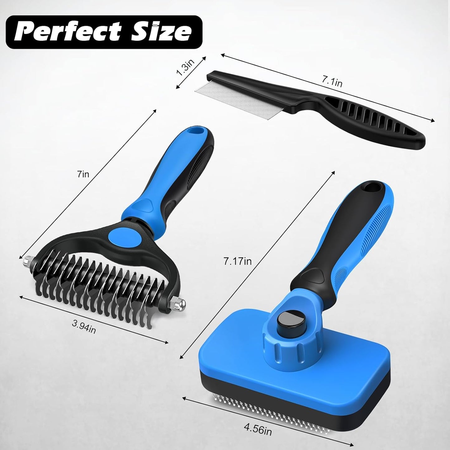 Skiennix Self-Cleaning Slicker Brush Set - Pet Grooming Rake & Flea Comb for Dogs, Cats, Horses | Double-Sided Dematting Tool (Blue)