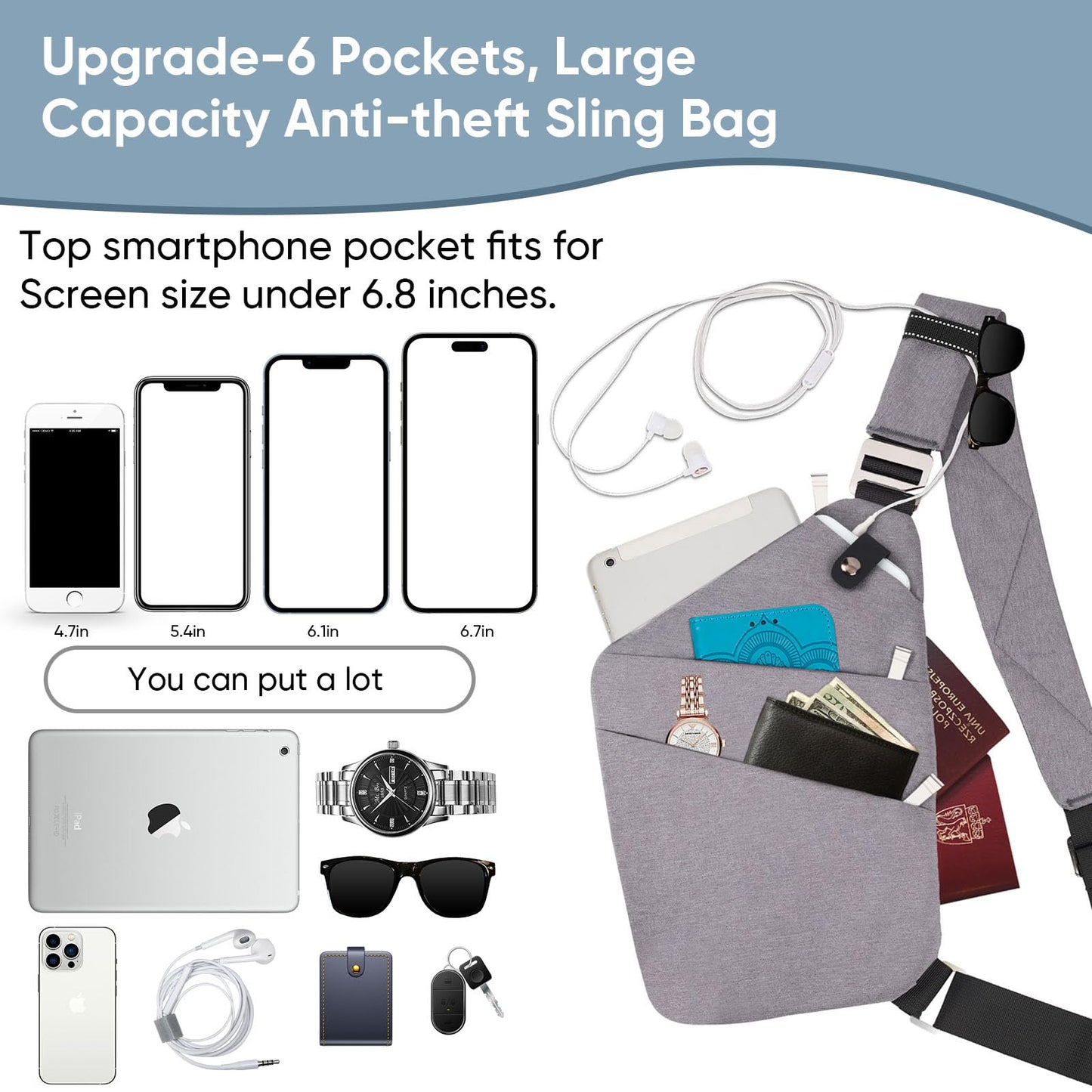 VADOO Sling Bag for Men and Women, Anti theft Crossbody Bag Lightweight Shoulder Chest Bag for Travel Gym Running