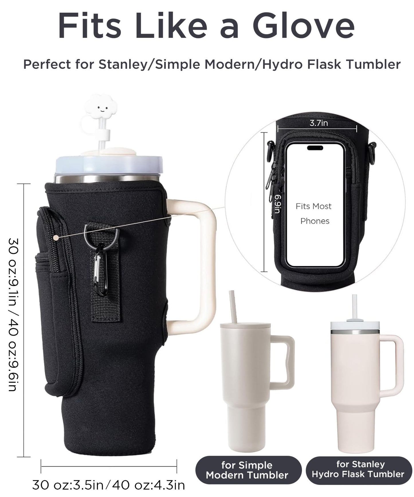 dabria Water Bottle Carrier Bag with Phone Pocket for Stanley 40/30 oz Tumbler Neoprene Water Bottle Holder Pouch with Adjustable Strap Bollus with Straw Cover for Stanley Cup Accessories