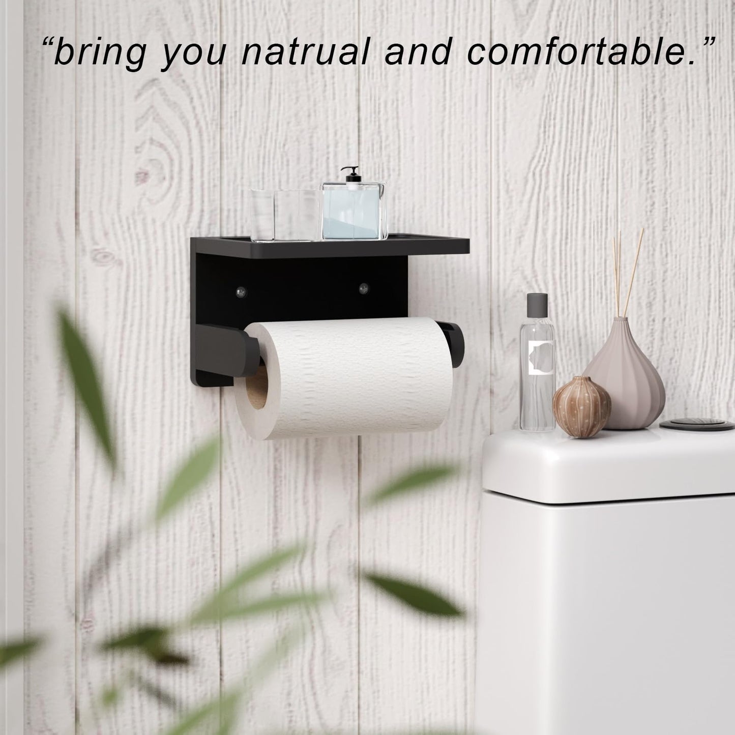 VERTORGAN Toilet Paper Holder with Phone Shelf,Bamboo Wall Mounted Tissue Roll Holder for Bathroom(Black)