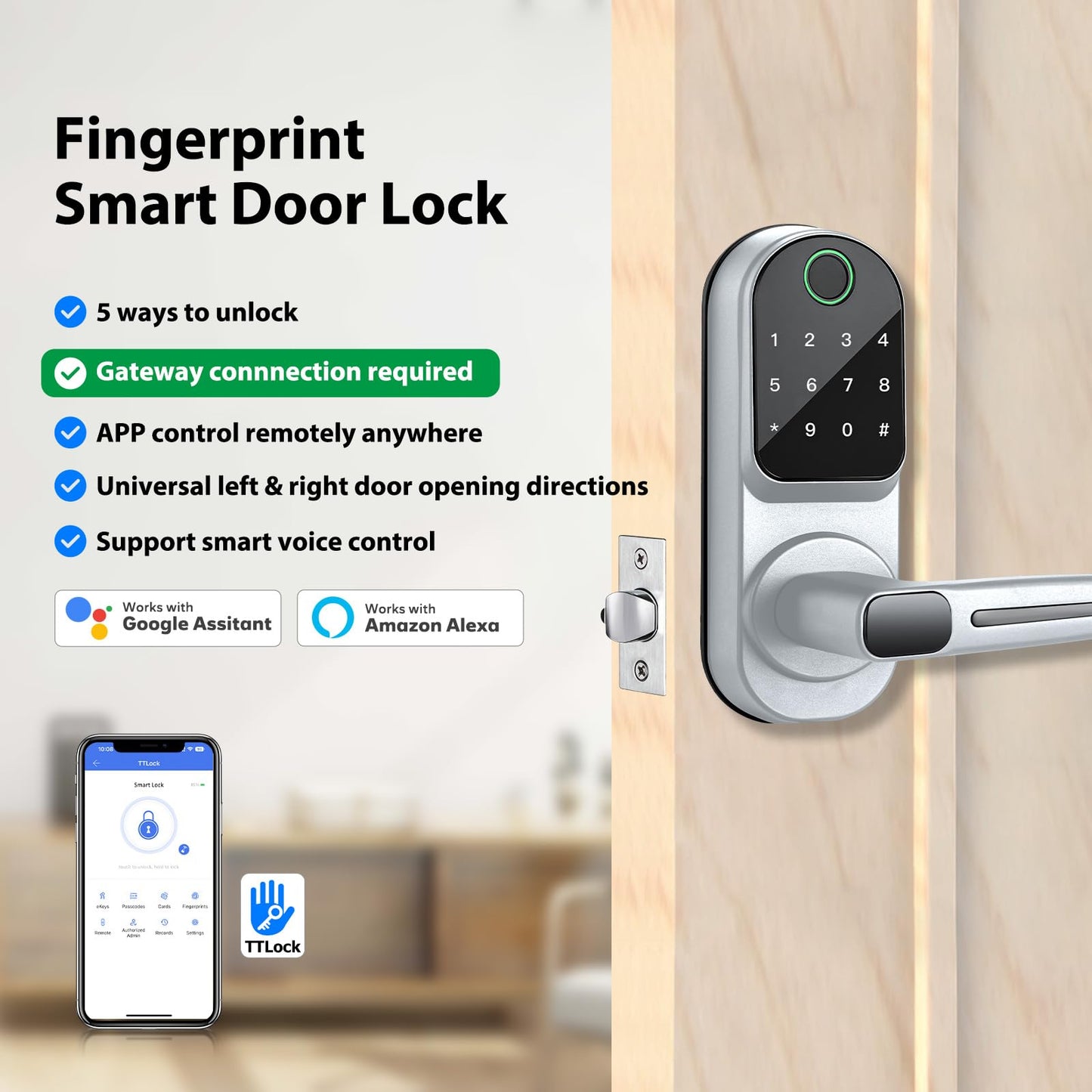 CATCHFACE Smart Fingerprint Lock - Keyless Entry Door Lock with Reversible Handle - Silver