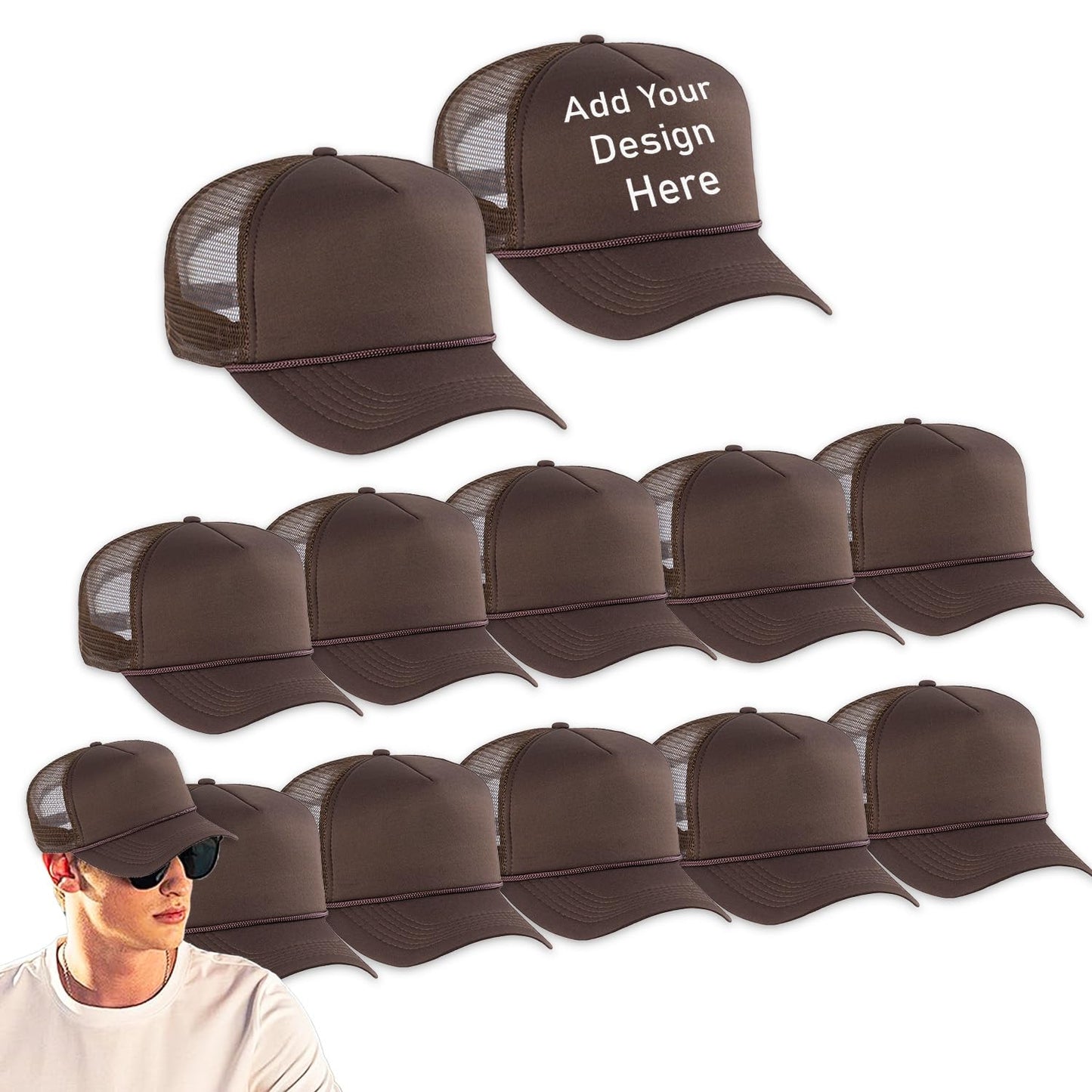 Custom Sublimation Hats 12 Pack - Bundle with 12 Trucker Hats with Foam Mesh 21.5-25.2" | Blank Baseball Hat for Men, Women (US, Alpha, One Size, Brown)