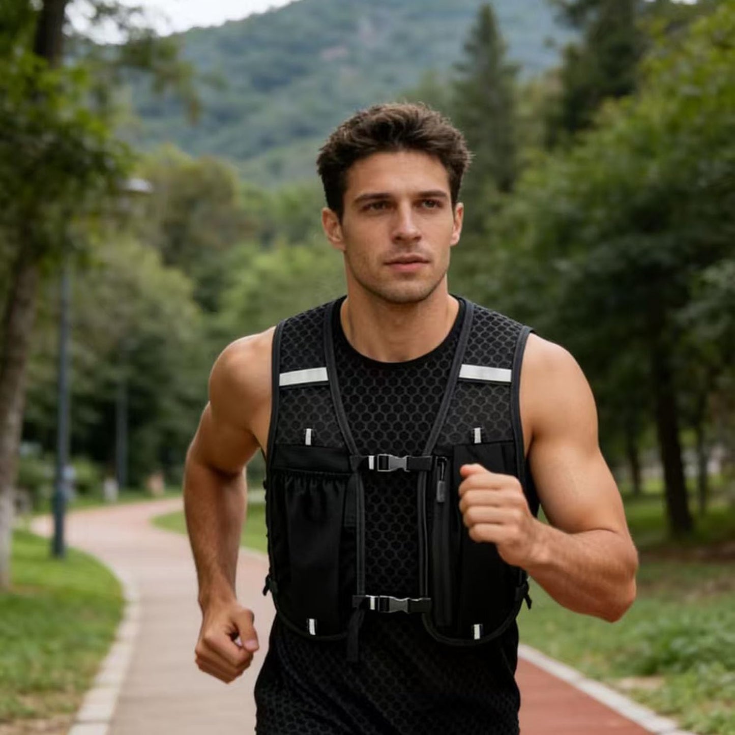 Running Vest with 2L Water Bladder, Reflective Hydration Backpack Lightweight Athletic Wear for Women Men Hiking Cycling Climbing Camping Biking Jogging Trail Race (Black)