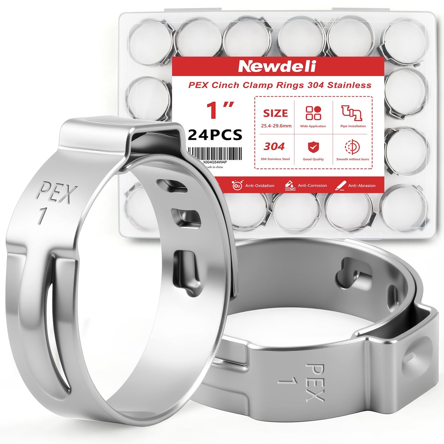 Newdeli 24pcs 1 inch Pex Crimp Rings Stainless Steel PEX Clamps Single Ear Hose Clamps Pex Fittings Cinch Pinch Clamp for Pipe Tubing Plumbing