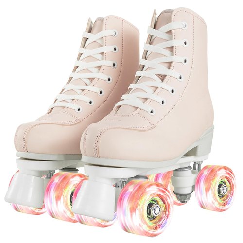 jessie Roller Skates for Women Men Transparent Flash Wheel, High Top PU Leather Classic Double-Row Roller Skates, Indoor Outdoor Roller Skate for Beginner(Pearl Pink, 7 Size)