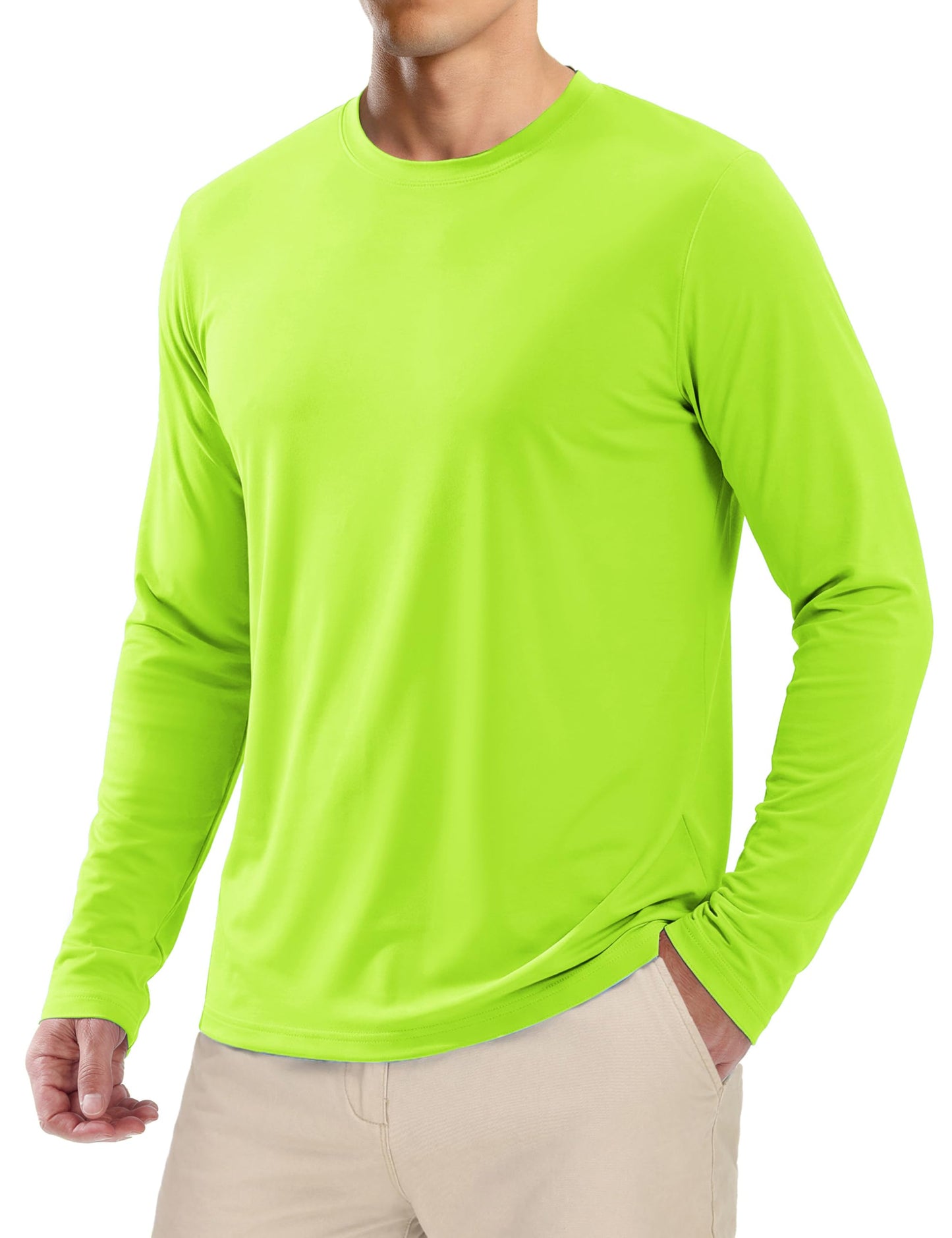 MAGCOMSEN UV Shirts for Men Long Sleeve Summer UPF 50+ Shirts Sun Blocking Outdoor Shirts Moisture Wicking SPF T Shirts Fluorescent Green 2XL