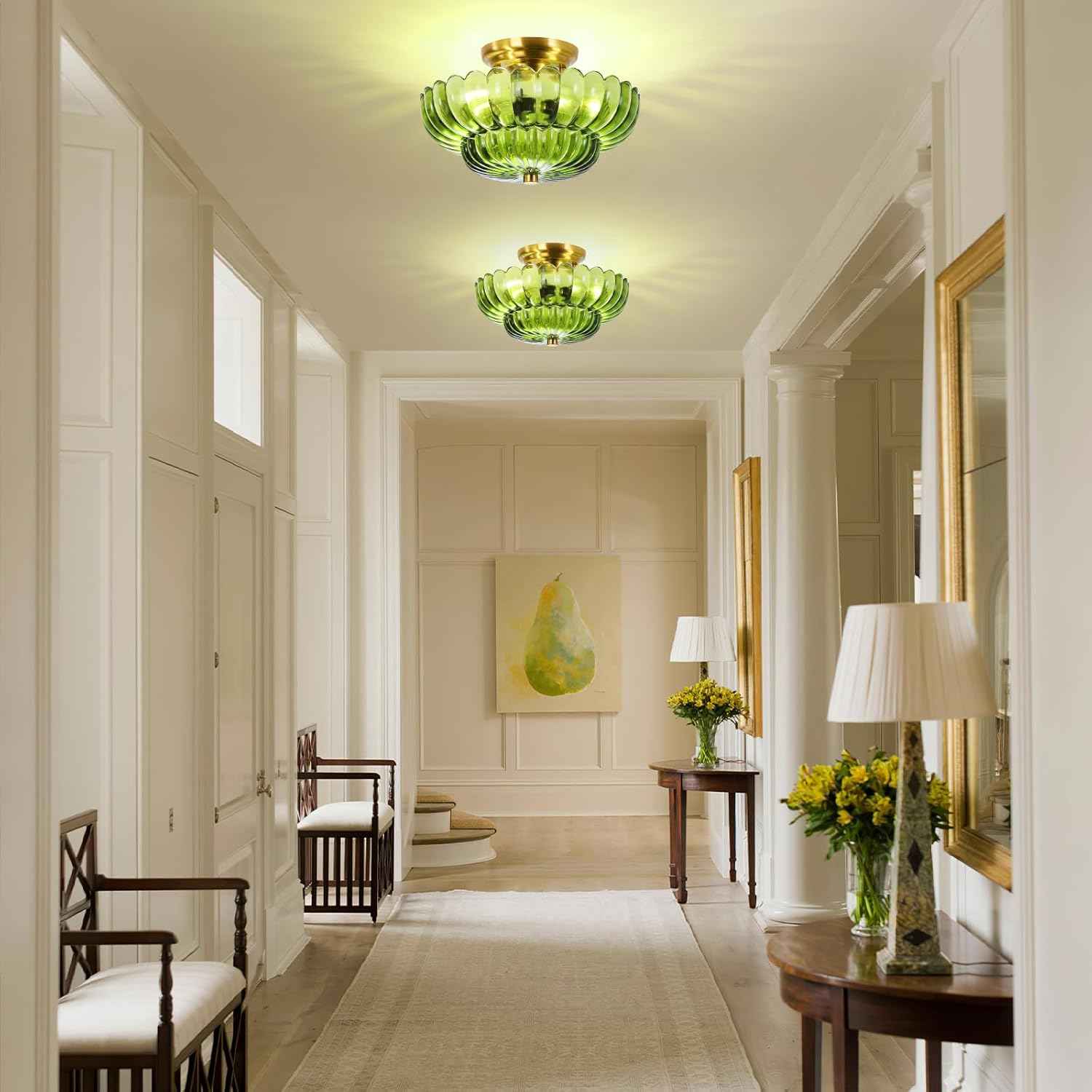 Modern Semi Flush Mount Ceiling Light Fixture with Brown Glass & Black Base - Ideal for Living Room, Kitchen, Bedroom, Hallway (Bulb Not Included)