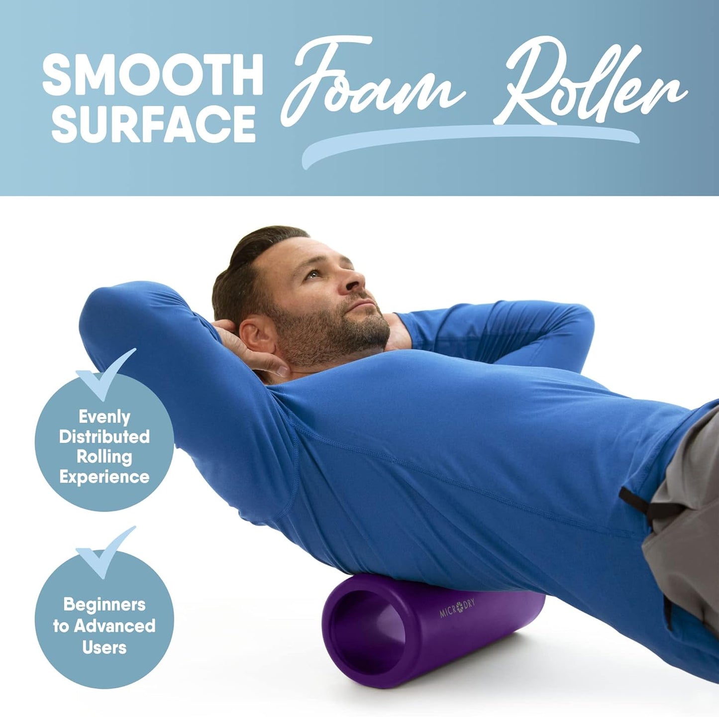 MICRODRY Deluxe Foam Back Roller - Deep Tissue Massage & Muscle Relief for Yoga | 13x5.3, Purple