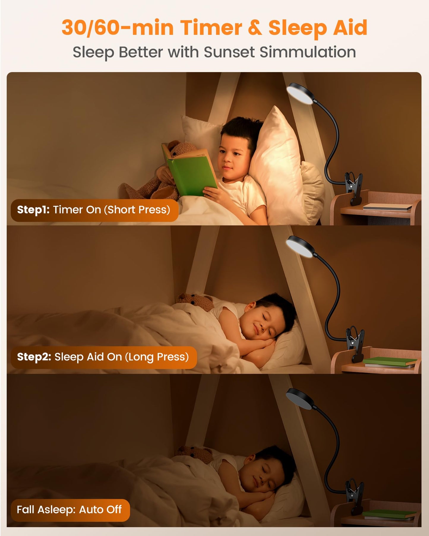 Glocusent 72 LED Clip on Lamp with Remote, Reading Light with Amer Ring Night Light, 3 Colors & 5 Dimmable Desk Lamp with Clamp, Auto-Off Timer for Night Reading, Bed Light for Headboard/Dorm/Bunk