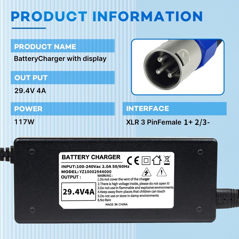 YZPOWER 29.4V 4A Power Adapter for 24V/25.2V Li-Ion Batteries 3-Pin XLR Connector, Smart 24 Volt Power Supply with Display Built-in Fan