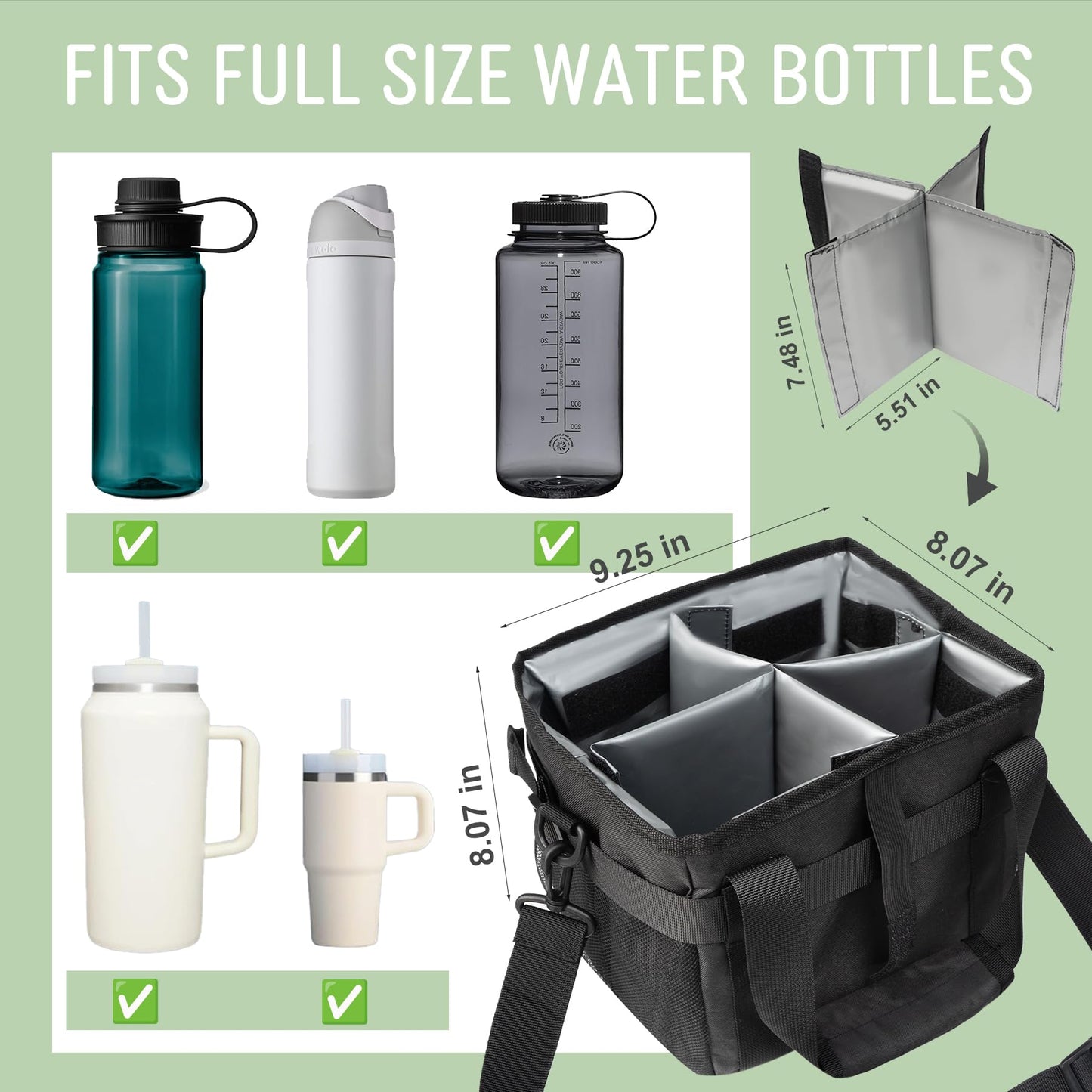 Water Bottle Bag-Water Bottle Holder with Strap, Reusable 4 Drink Carrier Caddy with Adjustable Dividers,Fits Full Size Tumblers And Cup, Multiple Bottle Organizer for Car & Outdoors