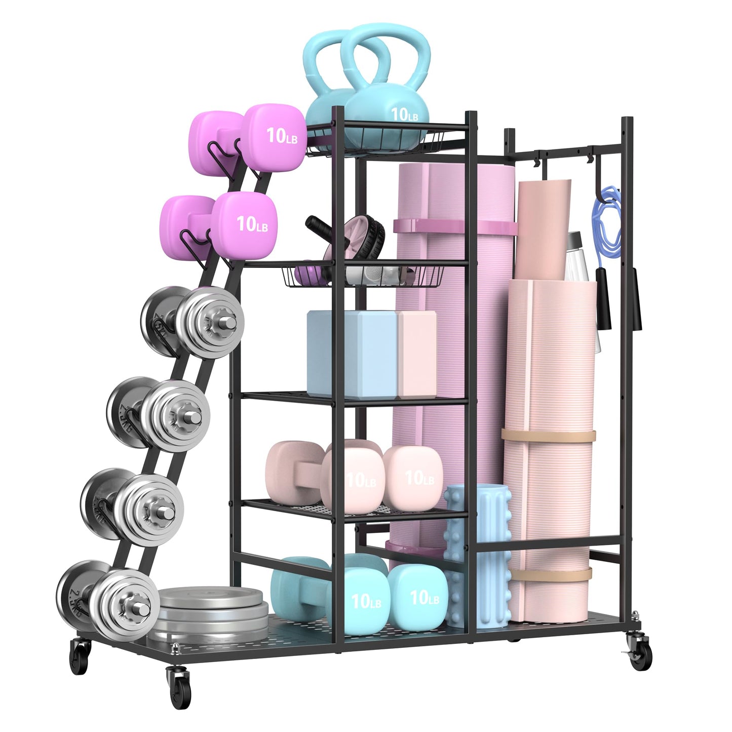 PLKOW Rolling Dumbbell Rack and Home Gym Storage Organizer, Black