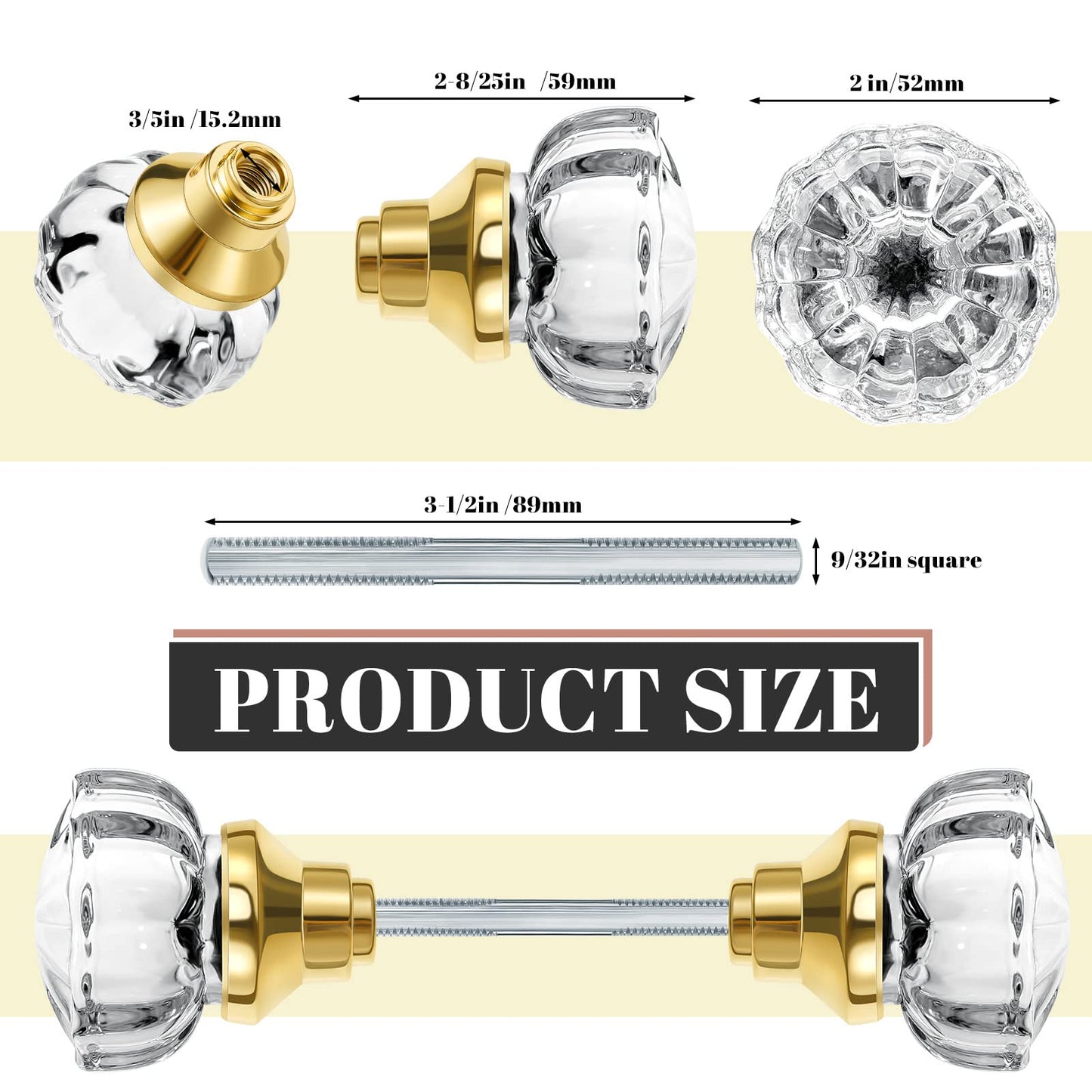 Amylove 8 Set Crystal Door Knobs Mortise Style Fluted Glass Door Knobs Antique with Spindle Antique Doorknobs for Interior Doors (Gold)