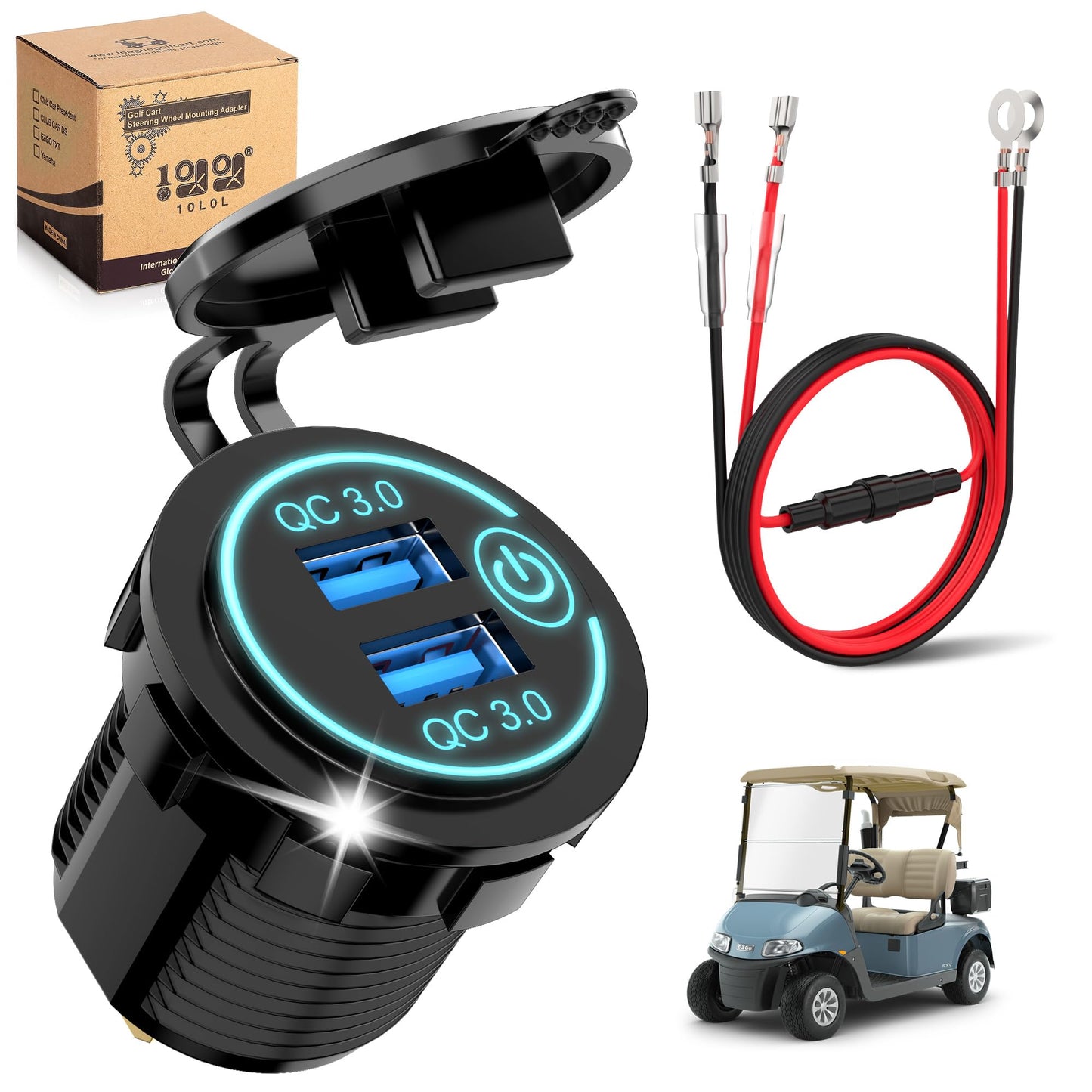 10L0L Golf Cart Quick Charge QC 3.0 Dual USB Charger Socket, 12V-24V USB Outlet for Yamaha EZGO Club Car, 12V Input Double USBs Ports with DIY Cars Port Outlet for Car Boat RV Motorcycle Truck