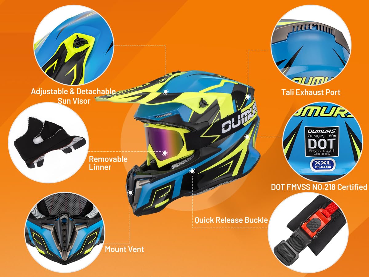 OUMURS Adult ATV Dirt Bike Helmet with Gloves & Mask Adjustable Sun Visor Motorcycle Adult Helmet Off-Road Motocross Downhill Moped MX for Unisex-Adult-Yellow Blue, XL