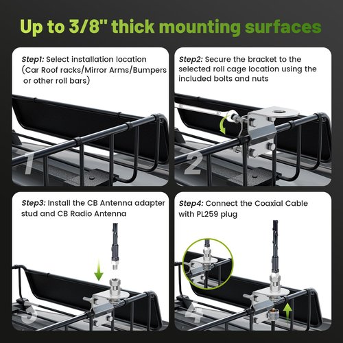 Anina Groove CB Radio Antenna Mount for SO239 Stud 3/8-24 Thread Stainless Steel Bracket Fit Truck Mirror (Fits 13-30mm Tube), Semi Truck, Jeep, Off-Road Vehicles